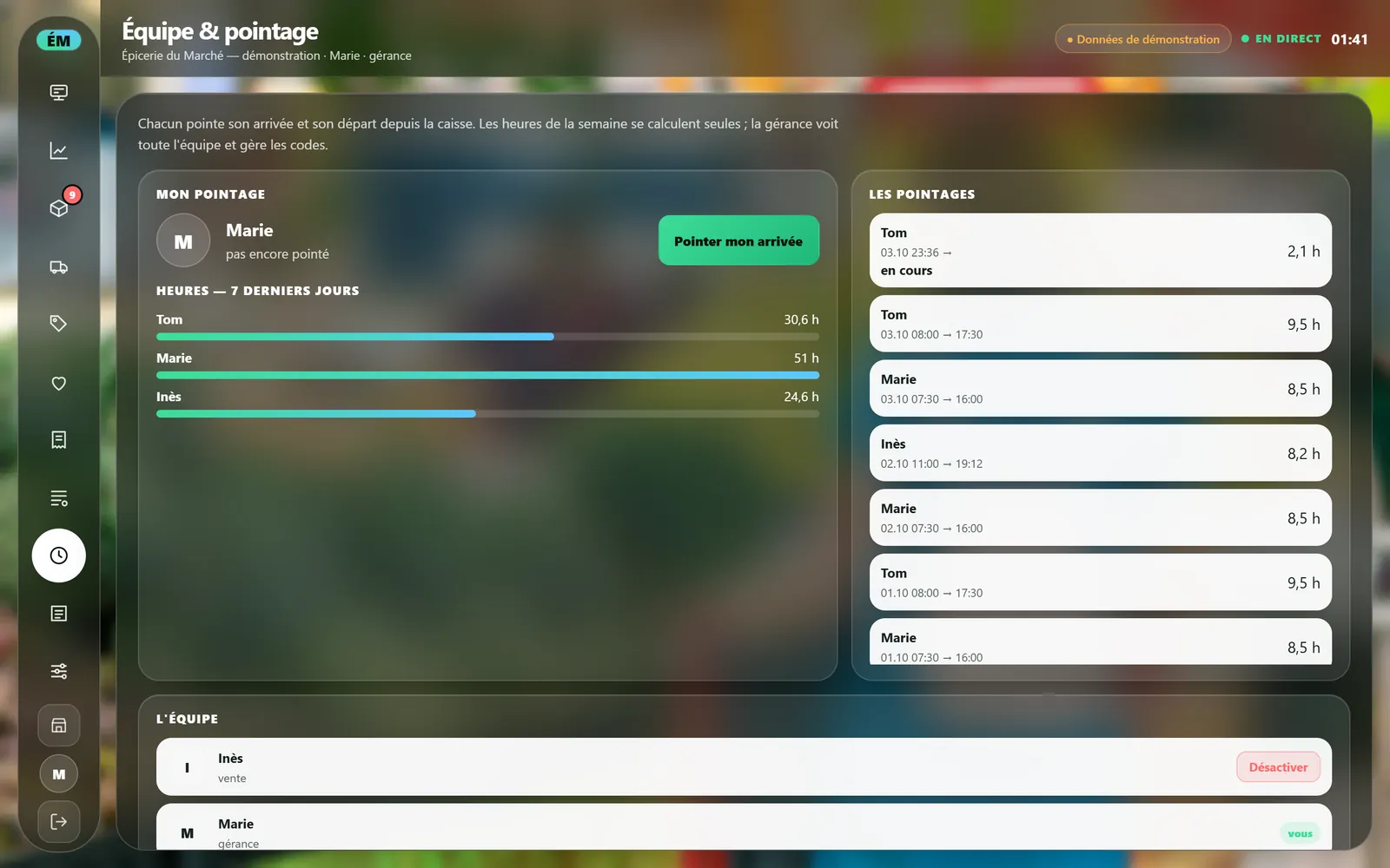 On a computer : Team and time clock