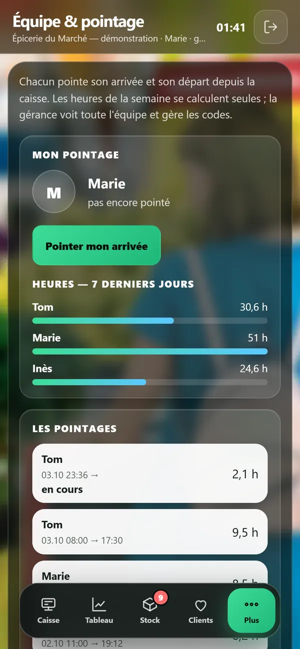 On a phone : Team and time clock