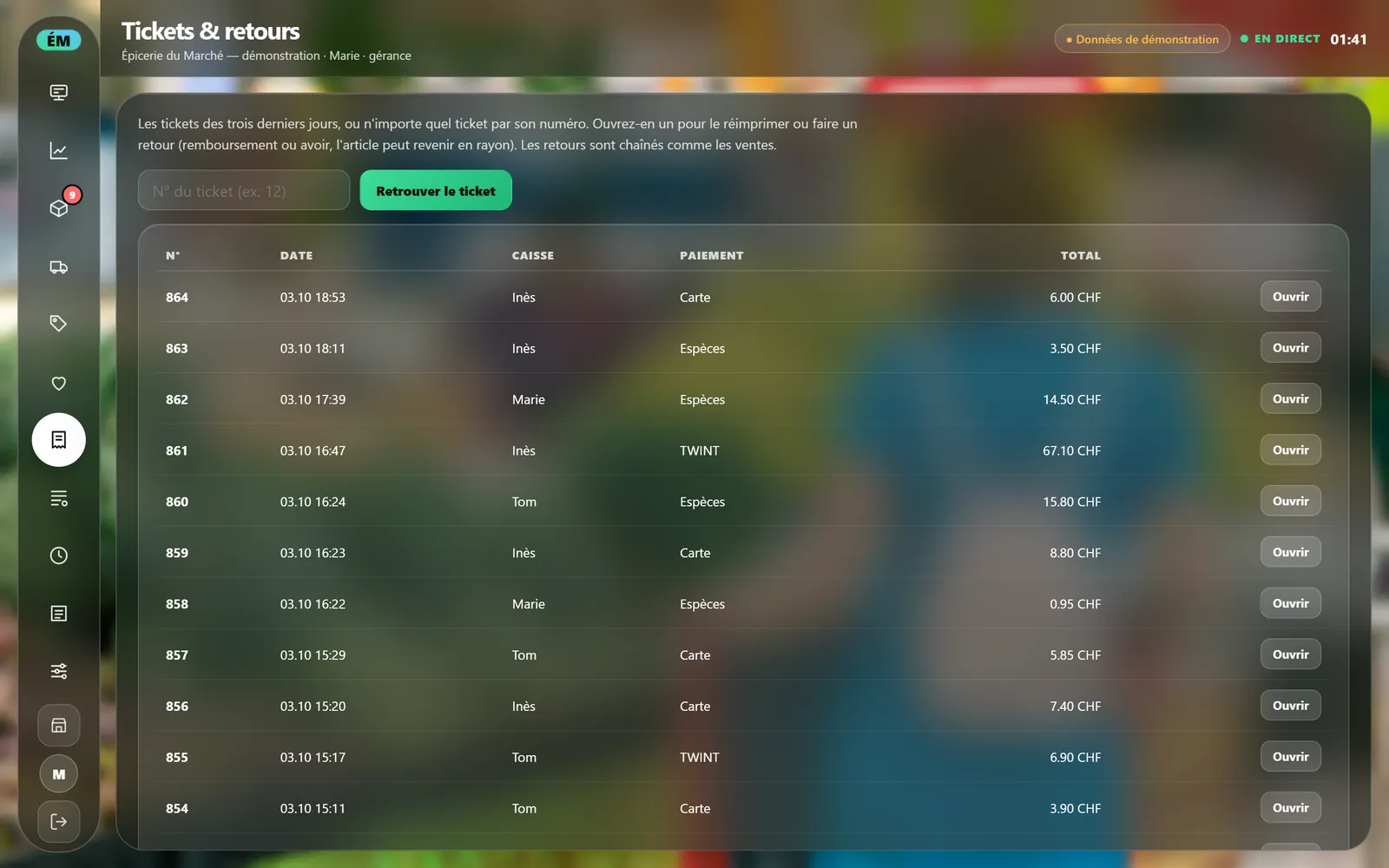 On a computer : Receipts and returns