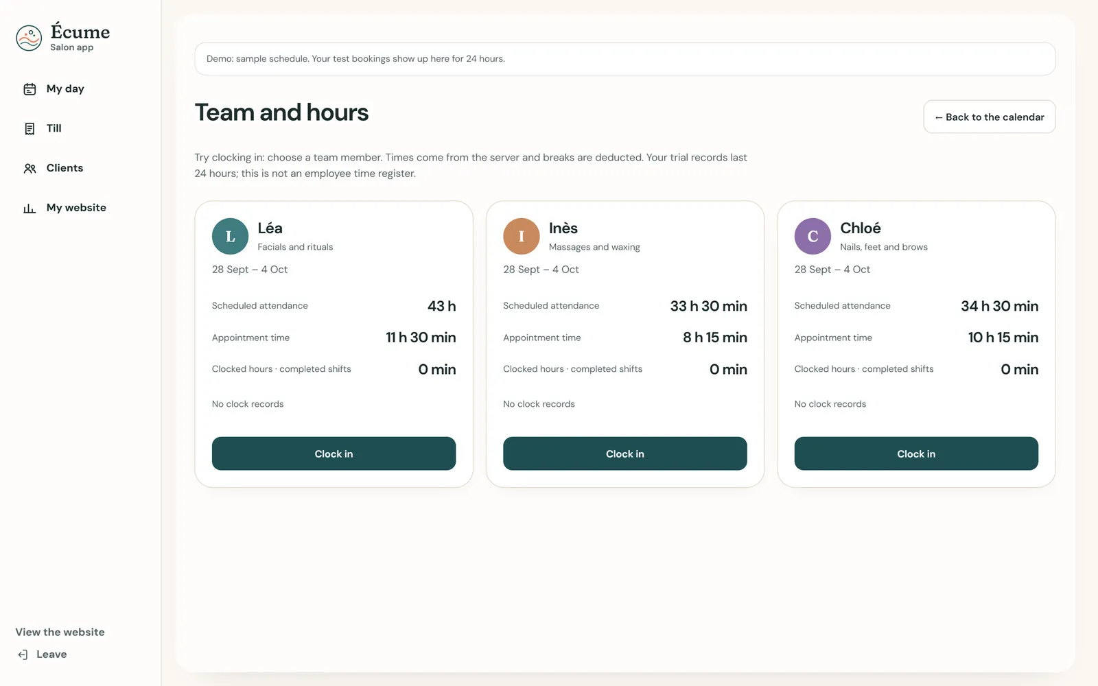 On a computer : The team and its hours