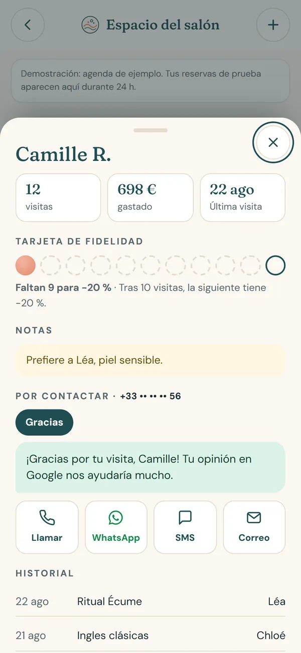 En el móvil : La ficha de la clienta