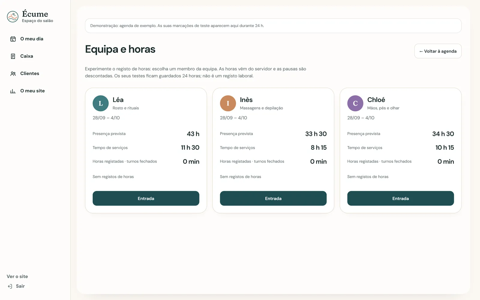No computador : A equipa e as horas